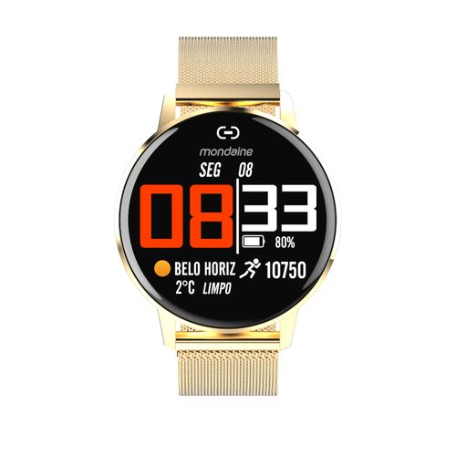 Relógio Smartwatch Redondo Malha de Aço Dourado