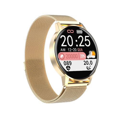 Relógio Smartwatch Redondo Malha de Aço Dourado