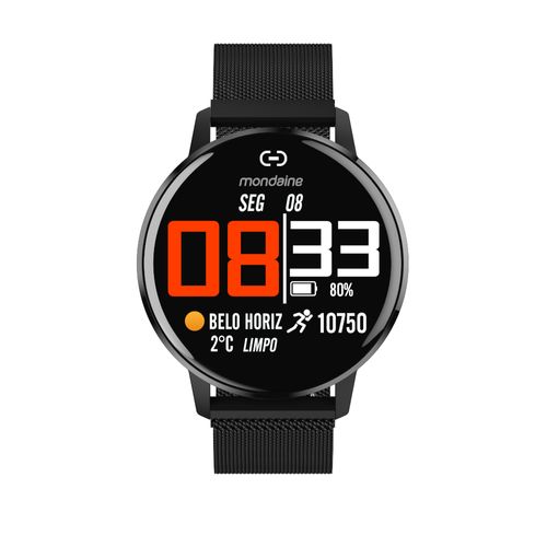 Relógio Smartwatch Redondo Malha de Aço Preto