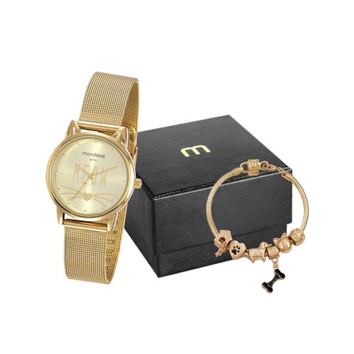 Kit Relógio Feminino Pets Gato com Pulseira Dourado