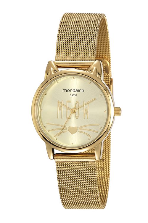 Kit Relógio Feminino Pets Gato com Pulseira Dourado