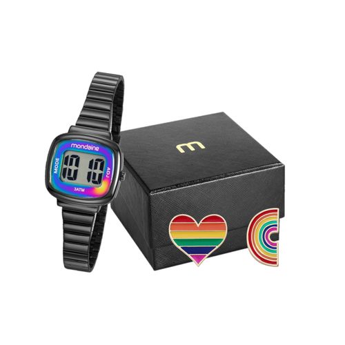 Kit Relógio Digital Com Broche Pride Coração e Arco íris