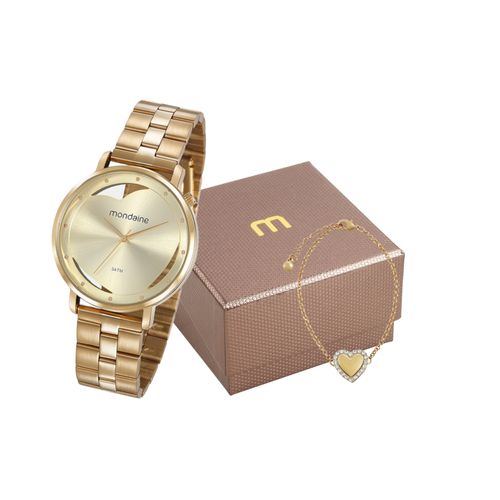 Kit Relógio Feminino Analógico com Pulseira Coração Dourado