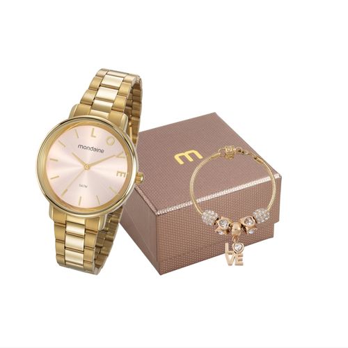 Kit Relógio Feminino Analógico com Pulseira Love Dourado