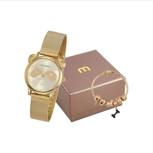 Kit Relógio Feminino Panda com Pulseira Dourado