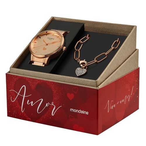 Kit Relógio Feminino Coração Rosé com Pulseira