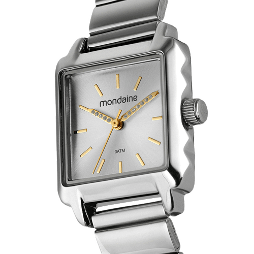 Relógio Feminino Quadrado Ponteiro Cristais Prata