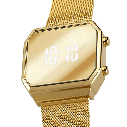Relógio Feminino Espelhado Led Dourado