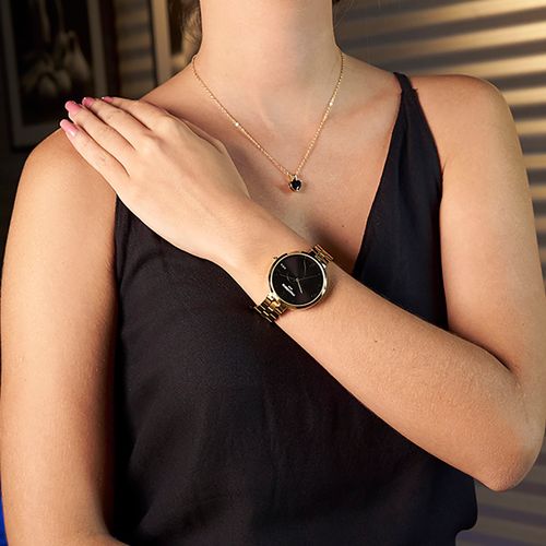 Relógio Feminino Romântico Coração Cristais Preto com Dourado