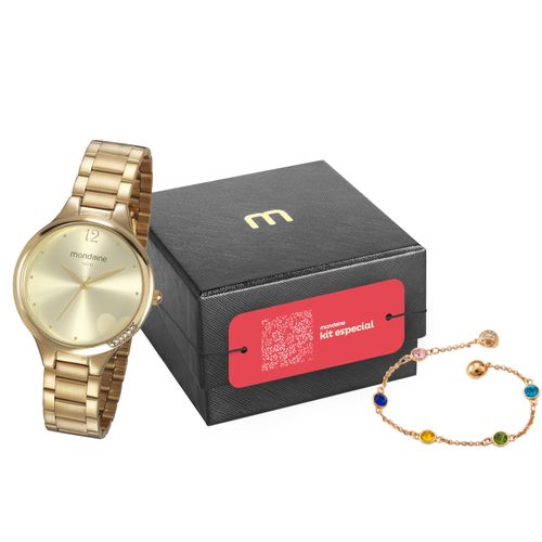 Kit Especial Relógio Feminino Coração Analógico Dourado