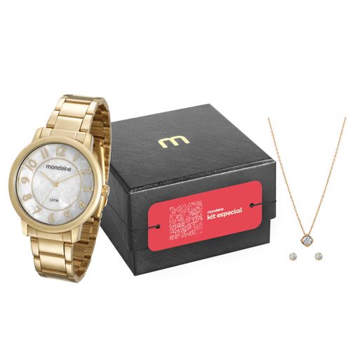 Kit Especial Relógio Feminino Madrepérola Clássico Analógico Dourado