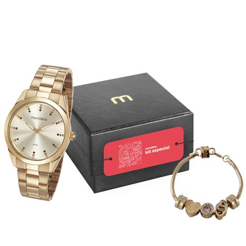 Kit Especial Relógio Feminino Clássico Analógico Cristais Dourado