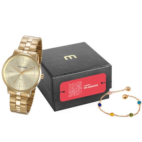 Kit Especial Relógio Feminino Cristais Analógico Dourado