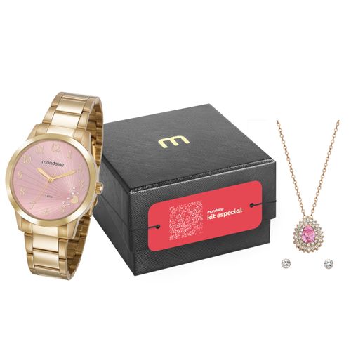 Kit Especial Relógio Feminino Cristais Coração Rosa Dourado