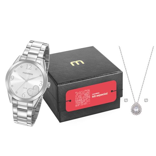 Kit Relógio Feminino Clássico Coração Cristais Prata