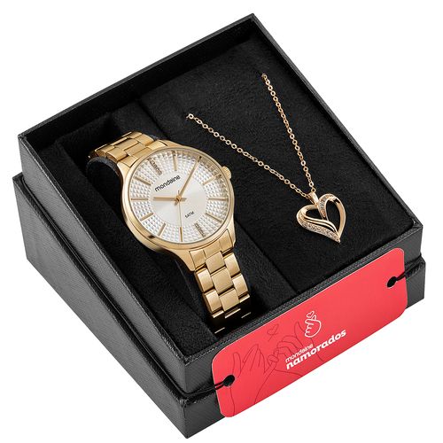 Kit Relógio Feminino Cristais Com Colar Coração Dourado