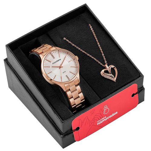 Kit Relógio Feminino Cristais Com Colar Coração Rosé