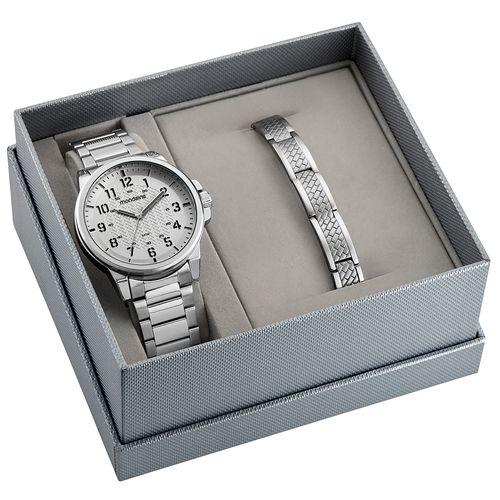Kit Relógio Masculino com Pulseira Aço Prata