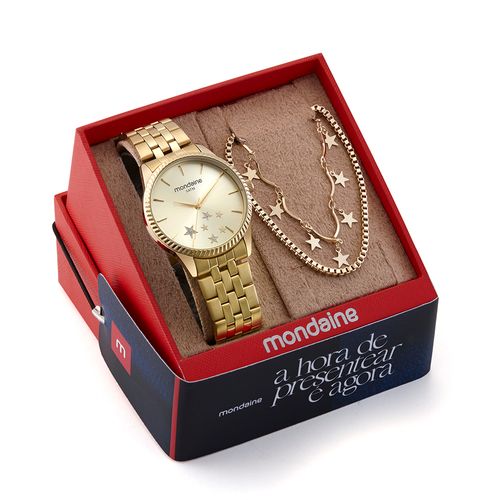Kit Relógio Feminino Estrelas Dourado Com Colar Duplo
