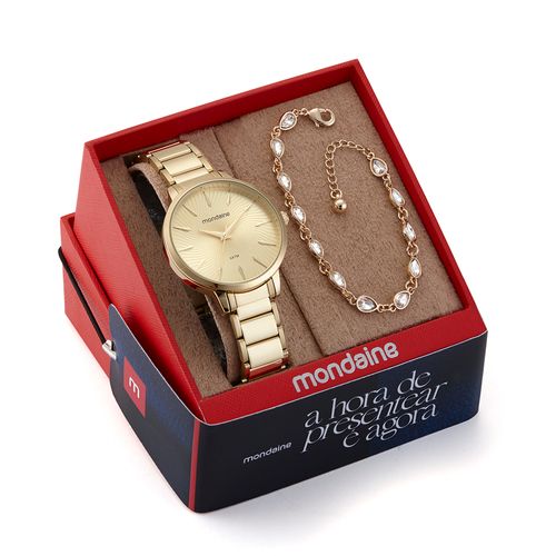 Kit Relógio Feminino Dourado Com Pulseira de Pedras