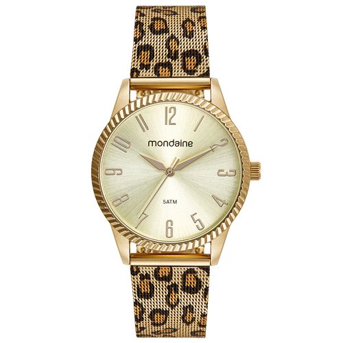Relógio Feminino Animal Print Malha de Aço Dourado