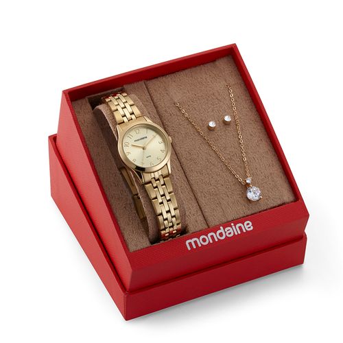 Kit Relógio Feminino Clássico Dourado Com Semijoias