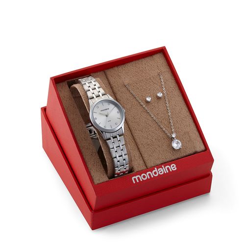 Kit Relógio Feminino Cristais Prata Com Semijoias