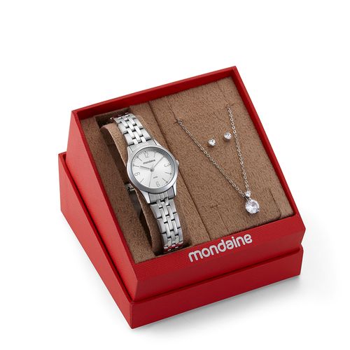 Kit Relógio Feminino Cristais Prata Com Semijoias