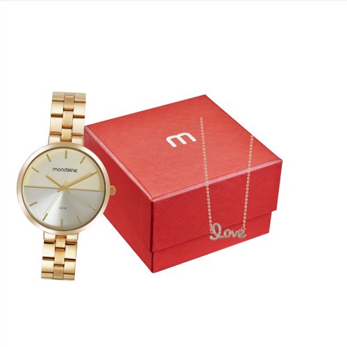 Kit Relógio Feminino Dourado com Colar Love