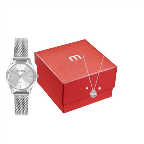 Kit Relógio Feminino Malha de Aço Prata com Semijoias