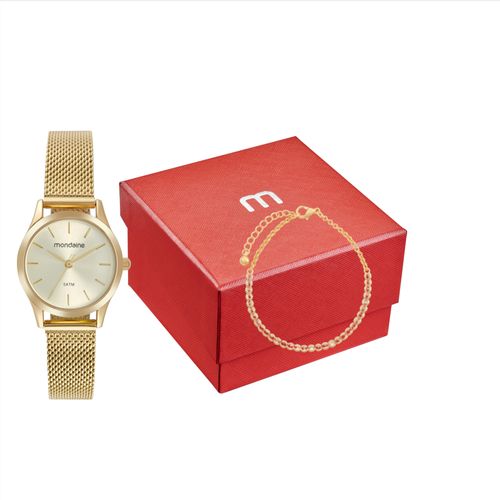 Kit Relógio Feminino Malha de Aço Dourado com Pulseira