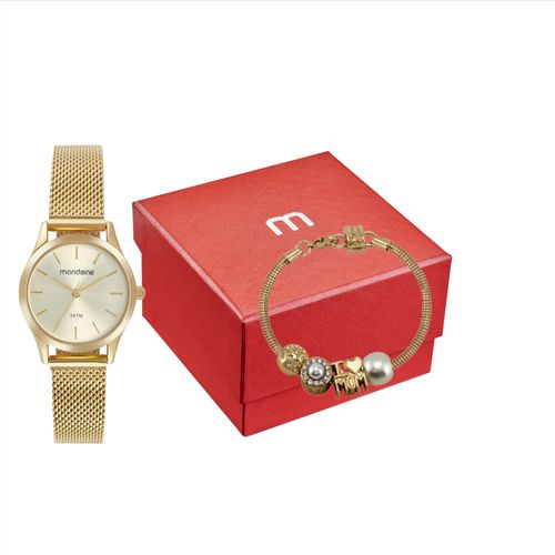 Kit Relógio Feminino Malha de Aço Dourado com Pulseira Berloques