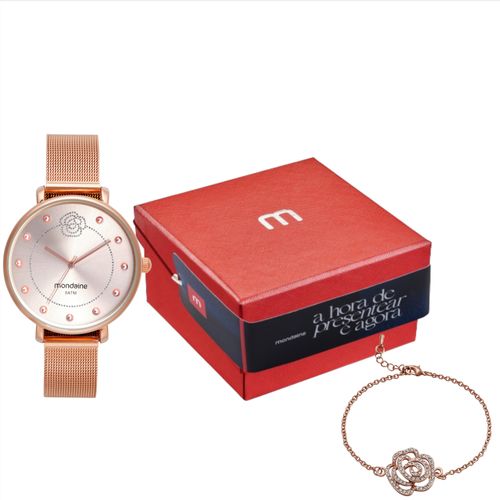 Kit Relógio Feminino Malha de Aço Rosé com Pulseira Flor