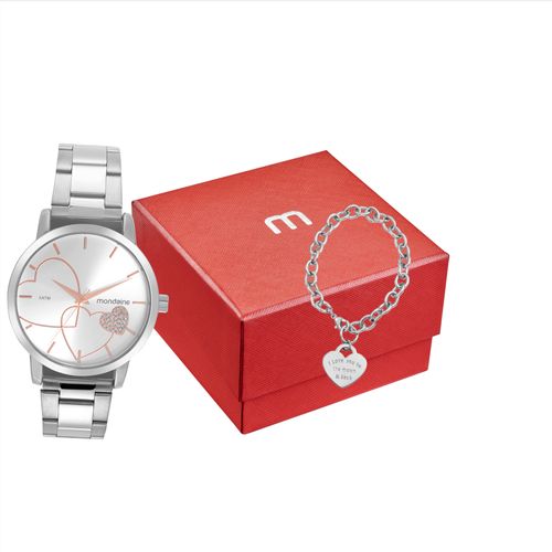 Kit Relógio Feminino Coração Prata Com Pulseira de Corrente