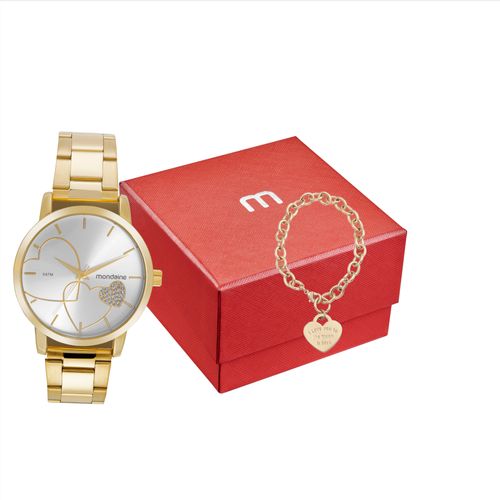 Kit Relógio Feminino Coração Dourado Pulseira de Corrente