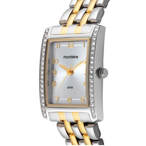 Relógio Feminino Quadrado Cristais Bicolor