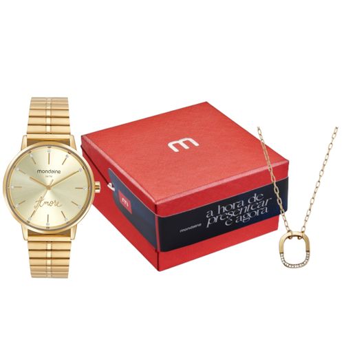 Kit Relógio Feminino Cristais Dourado Com Colar