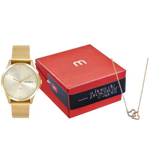 Kit Relógio Feminino Malha de Aço Dourado Com Colar