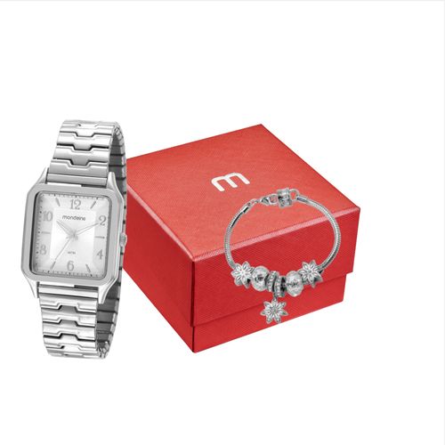 Kit Relógio Feminino Quadrado Prata Pulseira de Berloques