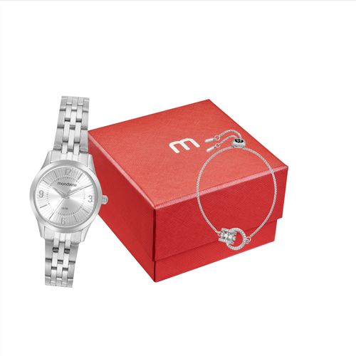 Kit Relógio Feminino Prata com Pulseira Pingente Cristais