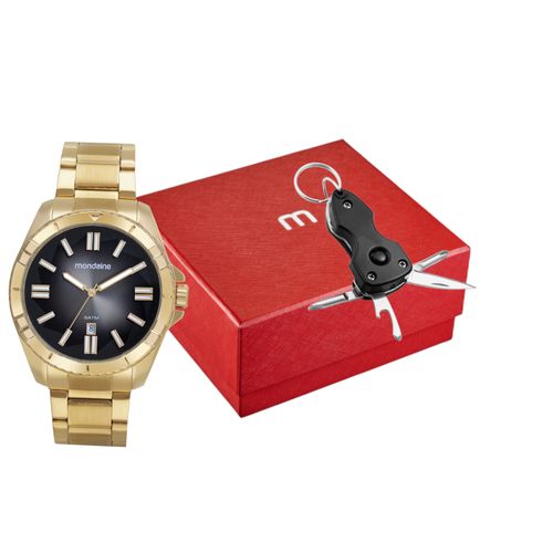 Kit Relógio Masculino Dourado Com Chaveiro Multifunção