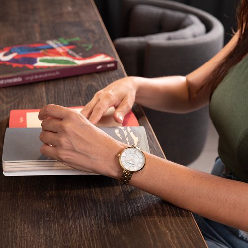 Relógio Feminino Madrepérola Dourado Pulseira Aço
