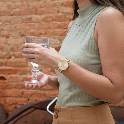 Relógio Feminino Clássico Cristais Dourado