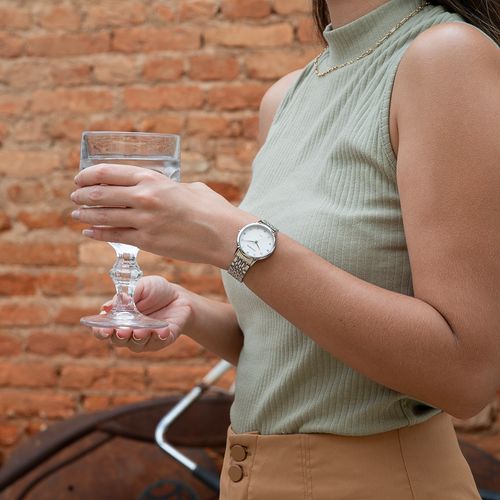 Relógio Feminino Clássico Cristais Prata