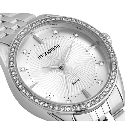 Relógio Feminino Cristais Visor Texturizado Prata