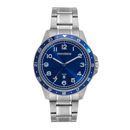 Relógio Masculino Com Calendário Prata Com Visor Azul