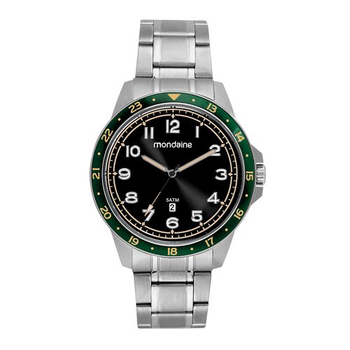 Relógio Masculino Com Calendário Prata Com Catraca Verde