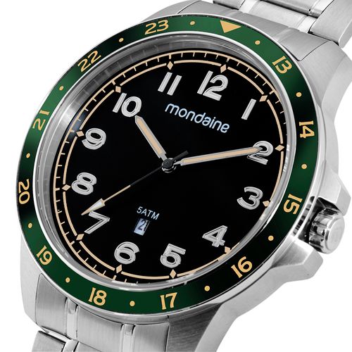 Relógio Masculino Com Calendário Prata Com Catraca Verde