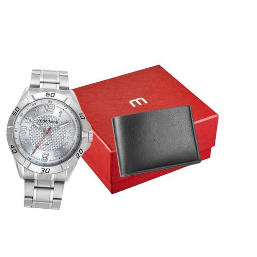 Kit Relógio Prata Com Carteira Masculina