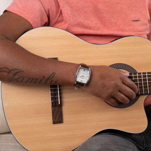 Relógio Masculino Quadrado Pulseira Croco Prata